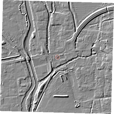 Shaded relief map of the ground around EN91BP, computed from Environment Agency LiDAR. The ground here sits at about 19 m above sea level and falls 6 m across the surrounding 800 m. Surface water reaching this point runs off ground lying to the north-east, 1.6 m higher.