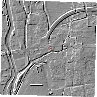 Shaded relief map of the ground around EN91BQ, computed from Environment Agency LiDAR. The ground here sits at about 19 m above sea level and falls 6 m across the surrounding 800 m. The ground contributing surface water to this point lies to the south-south-east.