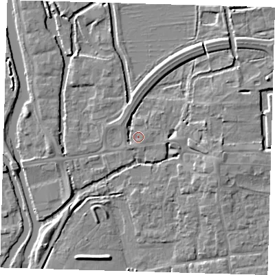 Shaded relief map of the ground around EN91BS, computed from Environment Agency LiDAR. The ground here sits at about 19 m above sea level and falls 5 m across the surrounding 800 m. Surface water reaching this point runs off ground lying to the south-south-west, 1.6 m higher.