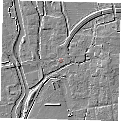 Shaded relief map of the ground around EN91BU, computed from Environment Agency LiDAR. The ground here sits at about 19 m above sea level and falls 6 m across the surrounding 800 m. Surface water reaching this point runs off ground lying to the north-north-east, 1.5 m higher.