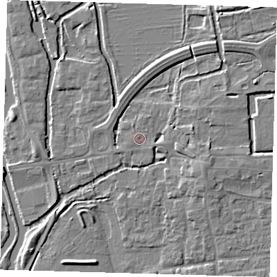 Shaded relief map of the ground around EN91BX, computed from Environment Agency LiDAR. The ground here sits at about 19 m above sea level and falls 5 m across the surrounding 800 m. Surface water reaching this point runs off ground lying to the east, 3.8 m higher.