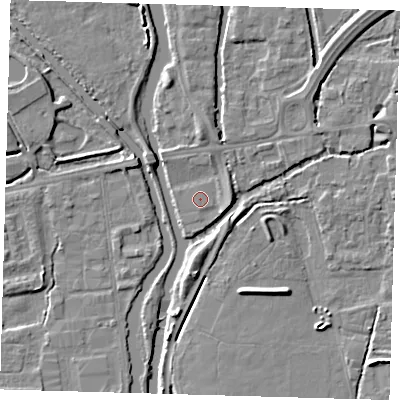 Shaded relief map of the ground around EN91BY, computed from Environment Agency LiDAR. The ground here sits at about 19 m above sea level and falls 5 m across the surrounding 800 m. The ground contributing surface water to this point lies to the south.