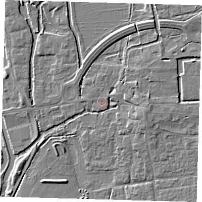 Shaded relief map of the ground around EN91BZ, computed from Environment Agency LiDAR. The ground here sits at about 19 m above sea level and falls 5 m across the surrounding 800 m. Surface water reaching this point runs off ground lying to the east-north-east, 3.8 m higher.