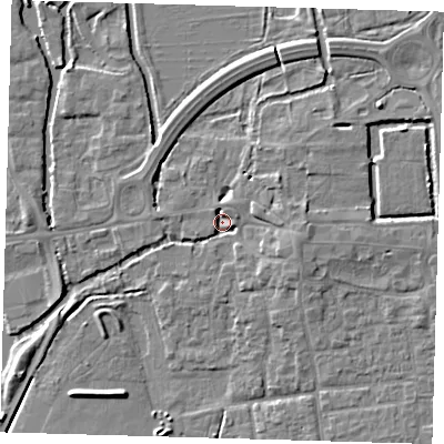 Shaded relief map of the ground around EN91DE, computed from Environment Agency LiDAR. The ground here sits at about 18 m above sea level and falls 5 m across the surrounding 800 m. Surface water reaching this point runs off ground lying to the east-south-east, 4.4 m higher.