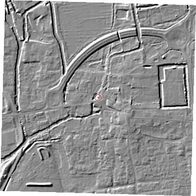 Shaded relief map of the ground around EN91DG, computed from Environment Agency LiDAR. The ground here sits at about 19 m above sea level and falls 5 m across the surrounding 800 m. Surface water reaching this point runs off ground lying to the east-north-east, 3.7 m higher.