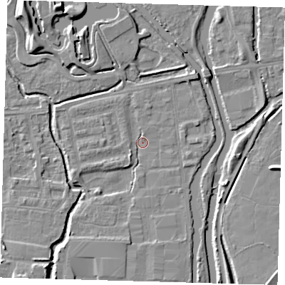 Shaded relief map of the ground around EN91DR, computed from Environment Agency LiDAR. The ground here sits at about 18 m above sea level and falls 10 m across the surrounding 800 m. Surface water reaching this point runs off ground lying to the north-east, 3.5 m higher.