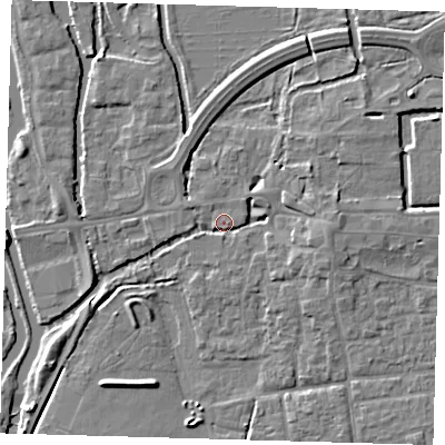 Shaded relief map of the ground around EN91DY, computed from Environment Agency LiDAR. The ground here sits at about 19 m above sea level and falls 6 m across the surrounding 800 m. Surface water reaching this point runs off ground lying to the east-north-east, 3.8 m higher.