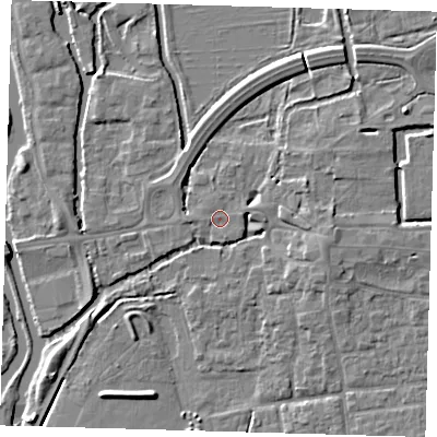 Shaded relief map of the ground around EN91DZ, computed from Environment Agency LiDAR. The ground here sits at about 19 m above sea level and falls 5 m across the surrounding 800 m. Surface water reaching this point runs off ground lying to the east-north-east, 3.8 m higher.