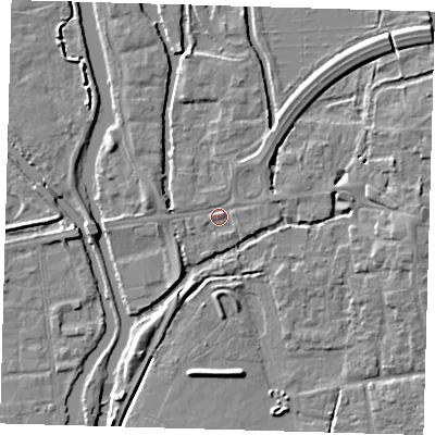 Shaded relief map of the ground around EN91FD, computed from Environment Agency LiDAR. The ground here sits at about 19 m above sea level and falls 6 m across the surrounding 800 m. Surface water reaching this point runs off ground lying to the north-east, 1.6 m higher.