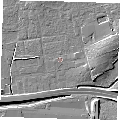 Shaded relief map of the ground around EN91FE, computed from Environment Agency LiDAR. The ground here sits at about 20 m above sea level and falls 13 m across the surrounding 800 m. Surface water reaching this point runs off ground lying to the east, 2.3 m higher.