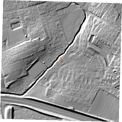 Shaded relief map of the ground around EN91FG, computed from Environment Agency LiDAR. The ground here sits at about 21 m above sea level and falls 20 m across the surrounding 800 m. Surface water reaching this point runs off ground lying to the east-north-east, 18.7 m higher.