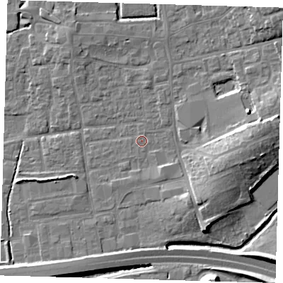 Shaded relief map of the ground around EN91FH, computed from Environment Agency LiDAR. The ground here sits at about 20 m above sea level and falls 11 m across the surrounding 800 m. Surface water reaching this point runs off ground lying to the north-east, 9.3 m higher.