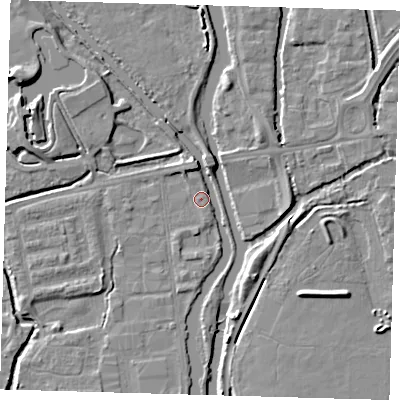 Shaded relief map of the ground around EN91FJ, computed from Environment Agency LiDAR. The ground here sits at about 19 m above sea level and falls 7 m across the surrounding 800 m. Surface water reaching this point runs off ground lying to the north, 0.8 m higher.