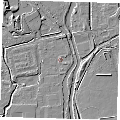 Shaded relief map of the ground around EN91FL, computed from Environment Agency LiDAR. The ground here sits at about 19 m above sea level and falls 10 m across the surrounding 800 m. Surface water reaching this point runs off ground lying to the north-north-east, 2.9 m higher.
