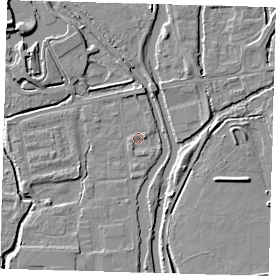 Shaded relief map of the ground around EN91FN, computed from Environment Agency LiDAR. The ground here sits at about 19 m above sea level and falls 10 m across the surrounding 800 m. Surface water reaching this point runs off ground lying to the south-south-east, 1.2 m higher.