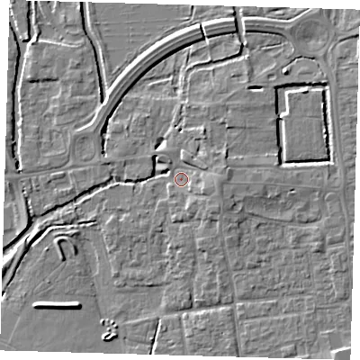 Shaded relief map of the ground around EN91FS, computed from Environment Agency LiDAR. The ground here sits at about 19 m above sea level and falls 5 m across the surrounding 800 m. Surface water reaching this point runs off ground lying to the east, 3.4 m higher.