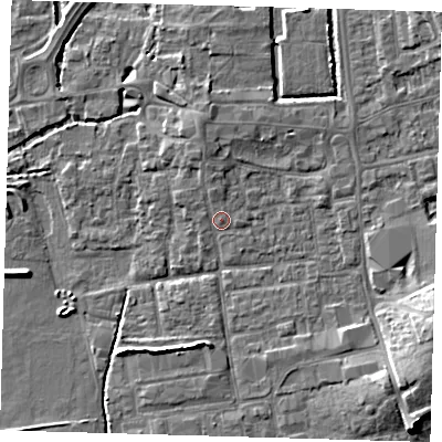 Shaded relief map of the ground around EN91HA, computed from Environment Agency LiDAR. The ground here sits at about 20 m above sea level and falls 8 m across the surrounding 800 m. Surface water reaching this point runs off ground lying to the north-north-west, 1.5 m higher.