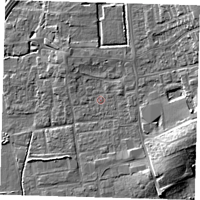 Shaded relief map of the ground around EN91HB, computed from Environment Agency LiDAR. The ground here sits at about 20 m above sea level and falls 12 m across the surrounding 800 m. Surface water reaching this point runs off ground lying to the north-west, 2.7 m higher.