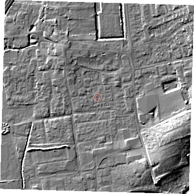 Shaded relief map of the ground around EN91HD, computed from Environment Agency LiDAR. The ground here sits at about 20 m above sea level and falls 12 m across the surrounding 800 m. Surface water reaching this point runs off ground lying to the north-west, 2.8 m higher.
