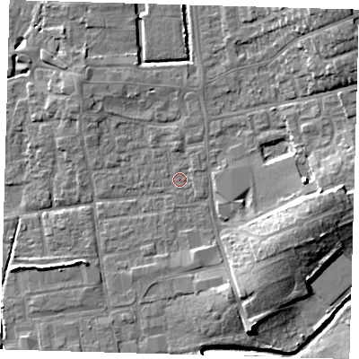 Shaded relief map of the ground around EN91HE, computed from Environment Agency LiDAR. The ground here sits at about 20 m above sea level and falls 13 m across the surrounding 800 m. Surface water reaching this point runs off ground lying to the north, 1.3 m higher.