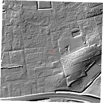 Shaded relief map of the ground around EN91HG, computed from Environment Agency LiDAR. The ground here sits at about 20 m above sea level and falls 12 m across the surrounding 800 m. Surface water reaching this point runs off ground lying to the north-east, 9.9 m higher.