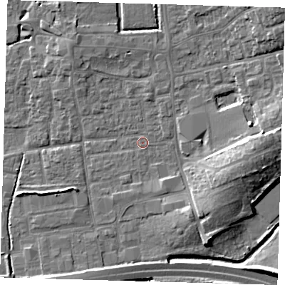 Shaded relief map of the ground around EN91HH, computed from Environment Agency LiDAR. The ground here sits at about 20 m above sea level and falls 12 m across the surrounding 800 m. Surface water reaching this point runs off ground lying to the north-east, 10.2 m higher.