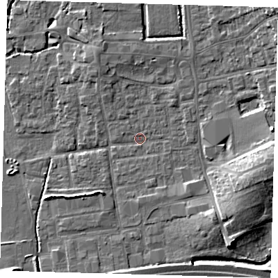 Shaded relief map of the ground around EN91HJ, computed from Environment Agency LiDAR. The ground here sits at about 19 m above sea level and falls 11 m across the surrounding 800 m. Surface water reaching this point runs off ground lying to the north-east, 8.9 m higher.