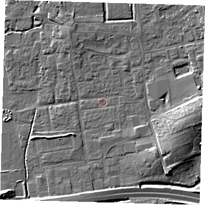 Shaded relief map of the ground around EN91HL, computed from Environment Agency LiDAR. The ground here sits at about 19 m above sea level and falls 11 m across the surrounding 800 m. Surface water reaching this point runs off ground lying to the east, 8.9 m higher.