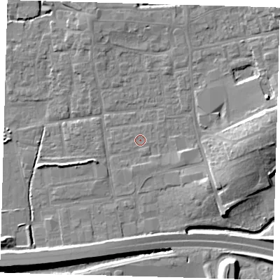 Shaded relief map of the ground around EN91HN, computed from Environment Agency LiDAR. The ground here sits at about 20 m above sea level and falls 11 m across the surrounding 800 m. The ground contributing surface water to this point lies to the east-south-east.