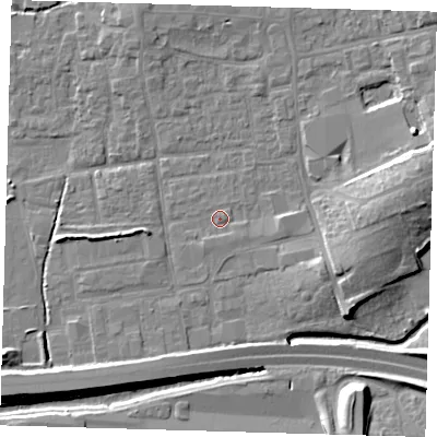 Shaded relief map of the ground around EN91HP, computed from Environment Agency LiDAR. The ground here sits at about 20 m above sea level and falls 11 m across the surrounding 800 m. Surface water reaching this point runs off ground lying to the south-east, 1.1 m higher.