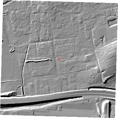 Shaded relief map of the ground around EN91HS, computed from Environment Agency LiDAR. The ground here sits at about 19 m above sea level and falls 11 m across the surrounding 800 m. Surface water reaching this point runs off ground lying to the east-south-east, 5.1 m higher.