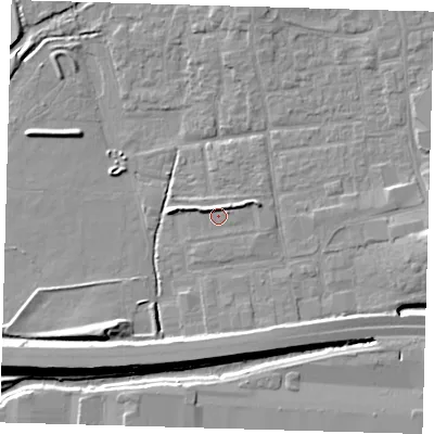 Shaded relief map of the ground around EN91HU, computed from Environment Agency LiDAR. The ground here sits at about 20 m above sea level and falls 9 m across the surrounding 800 m. Surface water reaching this point runs off ground lying to the west-north-west, 2.4 m higher.