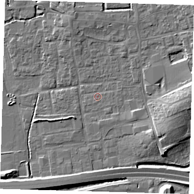 Shaded relief map of the ground around EN91HW, computed from Environment Agency LiDAR. The ground here sits at about 19 m above sea level and falls 11 m across the surrounding 800 m. Surface water reaching this point runs off ground lying to the east-south-east, 0.7 m higher.
