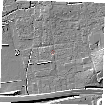 Shaded relief map of the ground around EN91HY, computed from Environment Agency LiDAR. The ground here sits at about 19 m above sea level and falls 10 m across the surrounding 800 m. Surface water reaching this point runs off ground lying to the east-south-east, 5.1 m higher.