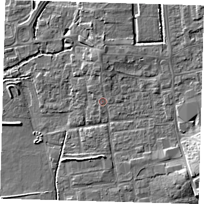 Shaded relief map of the ground around EN91HZ, computed from Environment Agency LiDAR. The ground here sits at about 20 m above sea level and falls 7 m across the surrounding 800 m. Surface water reaching this point runs off ground lying to the north-north-east, 1.5 m higher.