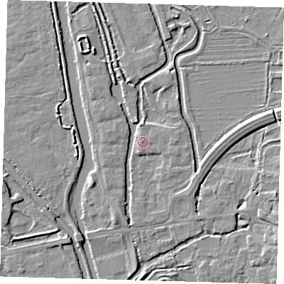 Shaded relief map of the ground around EN91JB, computed from Environment Agency LiDAR. The ground here sits at about 19 m above sea level and falls 4 m across the surrounding 800 m. Surface water reaching this point runs off ground lying to the north, 1.9 m higher.
