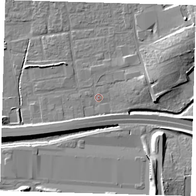 Shaded relief map of the ground around EN91JD, computed from Environment Agency LiDAR. The ground here sits at about 20 m above sea level and falls 14 m across the surrounding 800 m. Surface water reaching this point runs off ground lying to the east-north-east, 5.1 m higher.