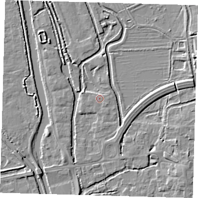 Shaded relief map of the ground around EN91JE, computed from Environment Agency LiDAR. The ground here sits at about 19 m above sea level and falls 4 m across the surrounding 800 m. Surface water reaching this point runs off ground lying to the south-east, 0.5 m higher.