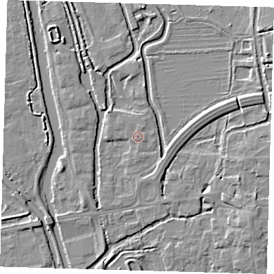 Shaded relief map of the ground around EN91JF, computed from Environment Agency LiDAR. The ground here sits at about 20 m above sea level and falls 5 m across the surrounding 800 m. Surface water reaching this point runs off ground lying to the north-north-east, 0.6 m higher.