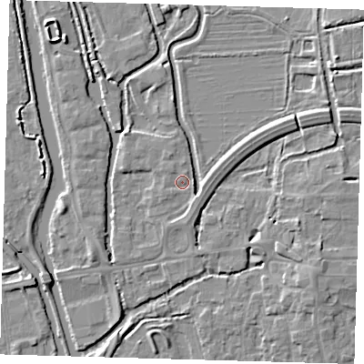 Shaded relief map of the ground around EN91JG, computed from Environment Agency LiDAR. The ground here sits at about 19 m above sea level and falls 5 m across the surrounding 800 m. Surface water reaching this point runs off ground lying to the east, 0.9 m higher.