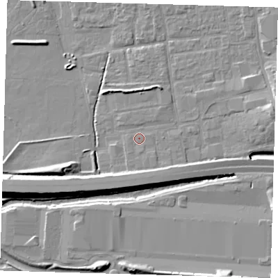 Shaded relief map of the ground around EN91JH, computed from Environment Agency LiDAR. The ground here sits at about 20 m above sea level and falls 9 m across the surrounding 800 m. Surface water reaching this point runs off ground lying to the south, 3.3 m higher.