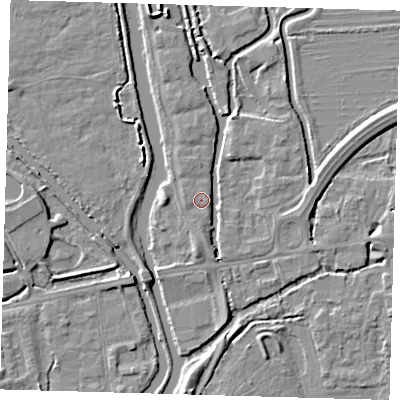 Shaded relief map of the ground around EN91JJ, computed from Environment Agency LiDAR. The ground here sits at about 19 m above sea level and falls 4 m across the surrounding 800 m. Surface water reaching this point runs off ground lying to the south, 2.3 m higher.
