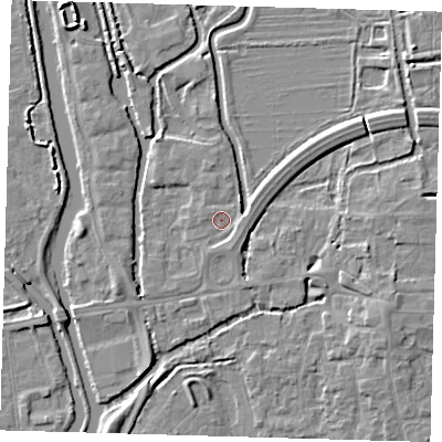 Shaded relief map of the ground around EN91JP, computed from Environment Agency LiDAR. The ground here sits at about 19 m above sea level and falls 5 m across the surrounding 800 m. Surface water reaching this point runs off ground lying to the east, 1.6 m higher.