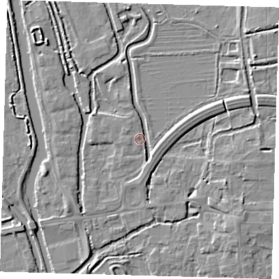 Shaded relief map of the ground around EN91JQ, computed from Environment Agency LiDAR. The ground here sits at about 19 m above sea level and falls 5 m across the surrounding 800 m. Surface water reaching this point runs off ground lying to the west-north-west, 1.8 m higher.