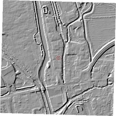 Shaded relief map of the ground around EN91JR, computed from Environment Agency LiDAR. The ground here sits at about 19 m above sea level and falls 4 m across the surrounding 800 m. Surface water reaching this point runs off ground lying to the south-west, 0.7 m higher.