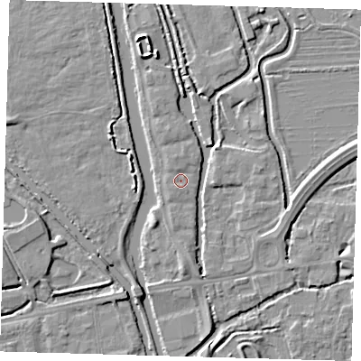 Shaded relief map of the ground around EN91JS, computed from Environment Agency LiDAR. The ground here sits at about 19 m above sea level and falls 5 m across the surrounding 800 m. Surface water reaching this point runs off ground lying to the north-north-west, 0.8 m higher.