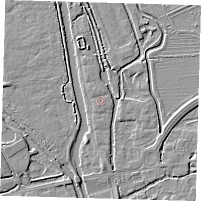 Shaded relief map of the ground around EN91JT, computed from Environment Agency LiDAR. The ground here sits at about 19 m above sea level and falls 5 m across the surrounding 800 m. Surface water reaching this point runs off ground lying to the north-west, 0.9 m higher.