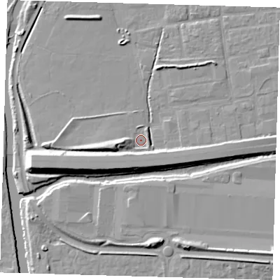 Shaded relief map of the ground around EN91JU, computed from Environment Agency LiDAR. The ground here sits at about 20 m above sea level and falls 11 m across the surrounding 800 m. Surface water reaching this point runs off ground lying to the west, 4.7 m higher.