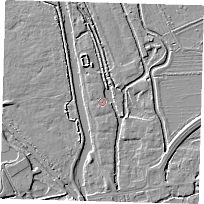 Shaded relief map of the ground around EN91JW, computed from Environment Agency LiDAR. The ground here sits at about 20 m above sea level and falls 5 m across the surrounding 800 m. Surface water reaching this point runs off ground lying to the south-east, 2.7 m higher.