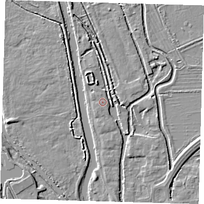 Shaded relief map of the ground around EN91JX, computed from Environment Agency LiDAR. The ground here sits at about 19 m above sea level and falls 5 m across the surrounding 800 m. Surface water reaching this point runs off ground lying to the south-south-west, 1.0 m higher.